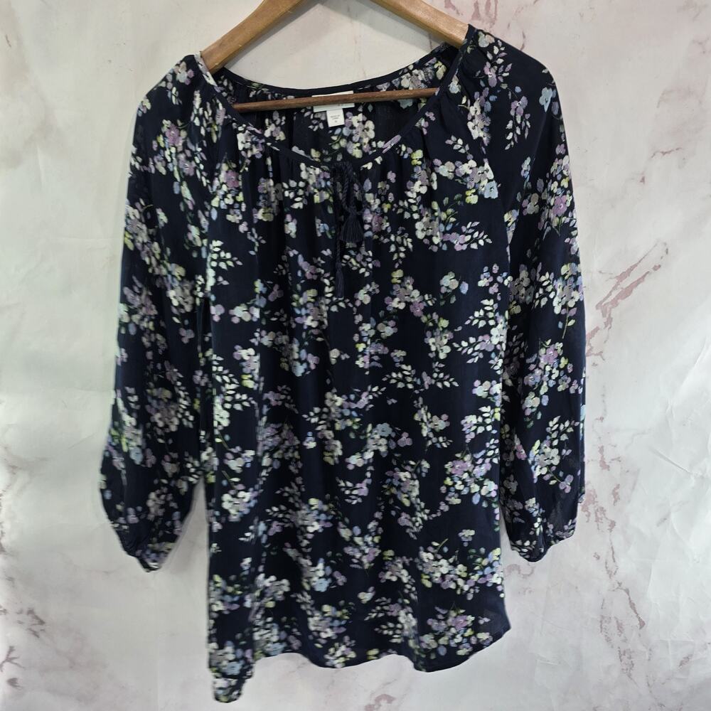 J Jill Shirt Womens Medium Blue Purple Floral Keyhole Blouse Popover Tassel Navy